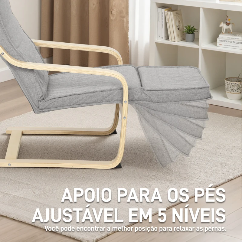 HOMCOM Poltrona Relax com Apoio para os Pés Ajustáveis Poltrona Estofada em Tecido com Estrutura de Madeira 66,5x94x100 cm Cinza Claro