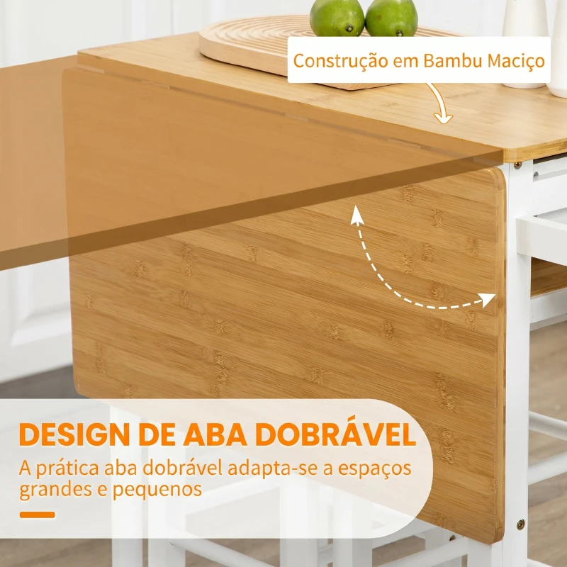 HOMCOM Conjunto de Mesa Alta de Bar e 2 Bancos com Rodas Mesa Dobrável de Cozinha com Bancos 86x75,5x83,5 cm Natural