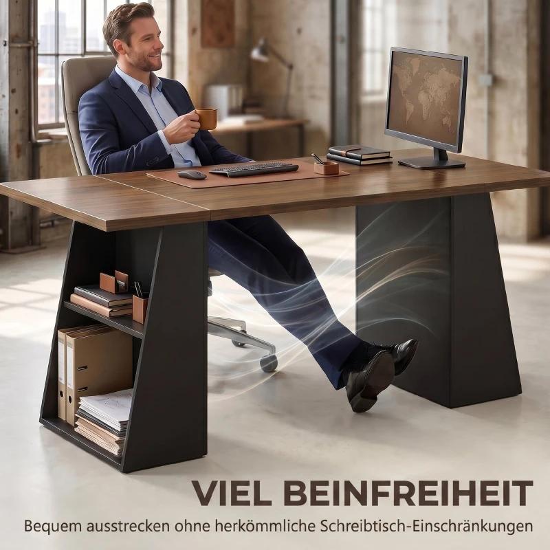 HOMCOM Schreibtisch mit 4 offenen Ablagen, Industrial Design, 140 cm, Braun-Schwarz