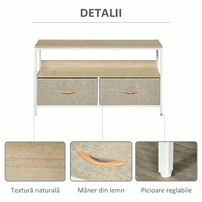 HOMCOM Dulap TV de 47" cu Sertare Pliabile din Material Textil și Raft din Metal și MDF, 98x29x56cm, Culoare Lemn