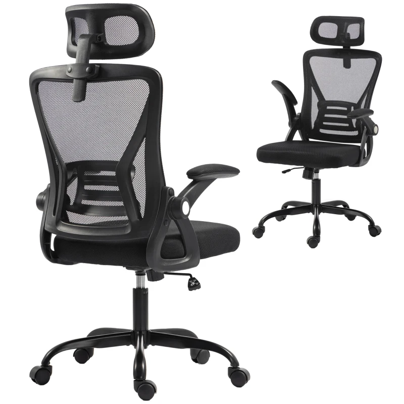 HOMCOM Scaun de Birou Ergonomic cu Brațe Rabatabile, Tetieră și Înălțime Reglabile, din Plasă Respirabilă, Negru
