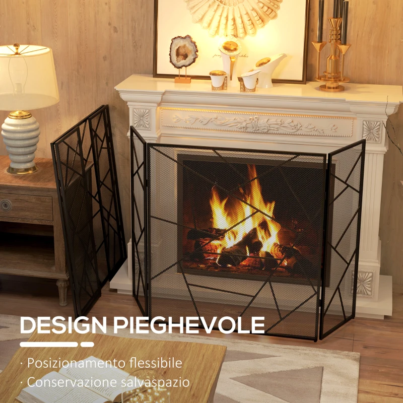 HOMCOM Parascintille per Camino Pieghevole a 3 Pannelli in Acciaio con Design Geometrico, 135x1.2x85cm, Nero