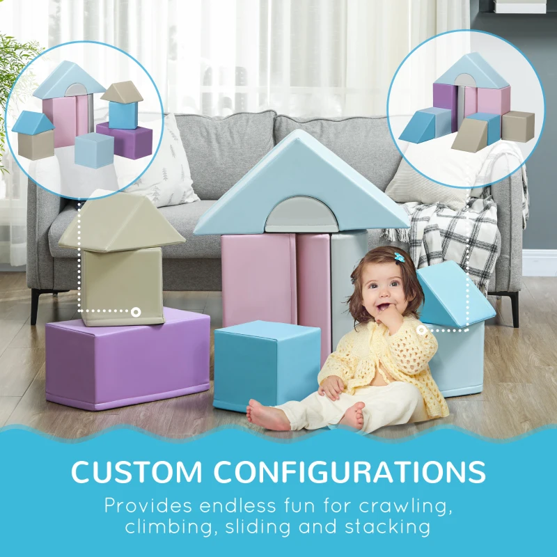 HOMCOM 11-Piece Kids Soft Play Set, Foam Block, Toys for Climbing, Crawling, Blue