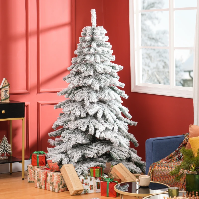 HOMCOM Árvore de Natal Ø116x180 cm Neve Artificial com 627 Pontas de PVC Base Dobrável e Suporte de Metal Decoração de Natal Verde e Branco