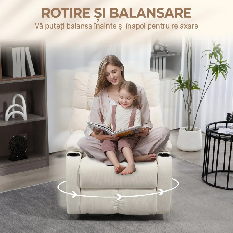 HOMCOM Fotoliu Reclinabil 135° cu Suport pentru Pahare și Suport pentru Picioare, din Țesătură cu Aspect de In, 88x96x108 cm, Bej