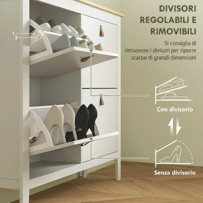 HOMCOM Scarpiera Slim 4 Cassetti per 20 Paia di Scarpe Taglia EU44 e Ripiani Regolabili, 105x24x95.5cm, Bianco
