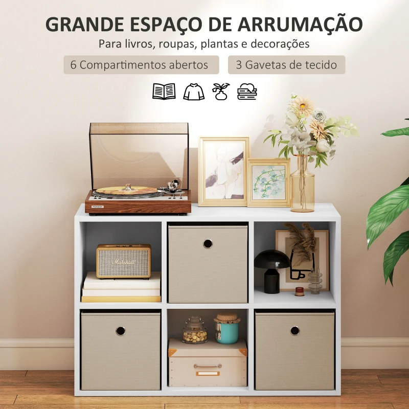 HOMCOM Estante Cubo Estante de Armazenamento Horizontal ou Vertical com 6 Compartimentos e 3 Gavetas de Tecido 53,7x30x79,8 cm Branco e Bege