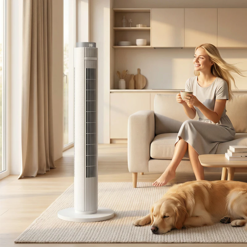 HOMCOM 96 cm Tower Fan with WiFi App Control, Standing Floor Fan with 3 Speed 4 Modes, 12 Hour Timer and Night Light White