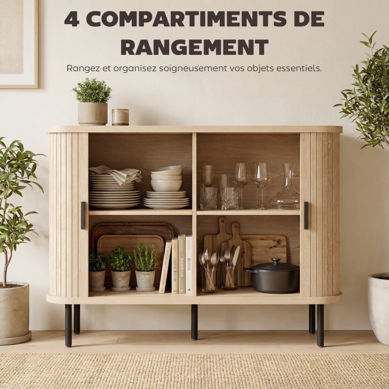 HOMCOM Buffet salon, meuble de rangement avec 2 portes coulissantes en tambour à lattes et 4 compartiments, chêne