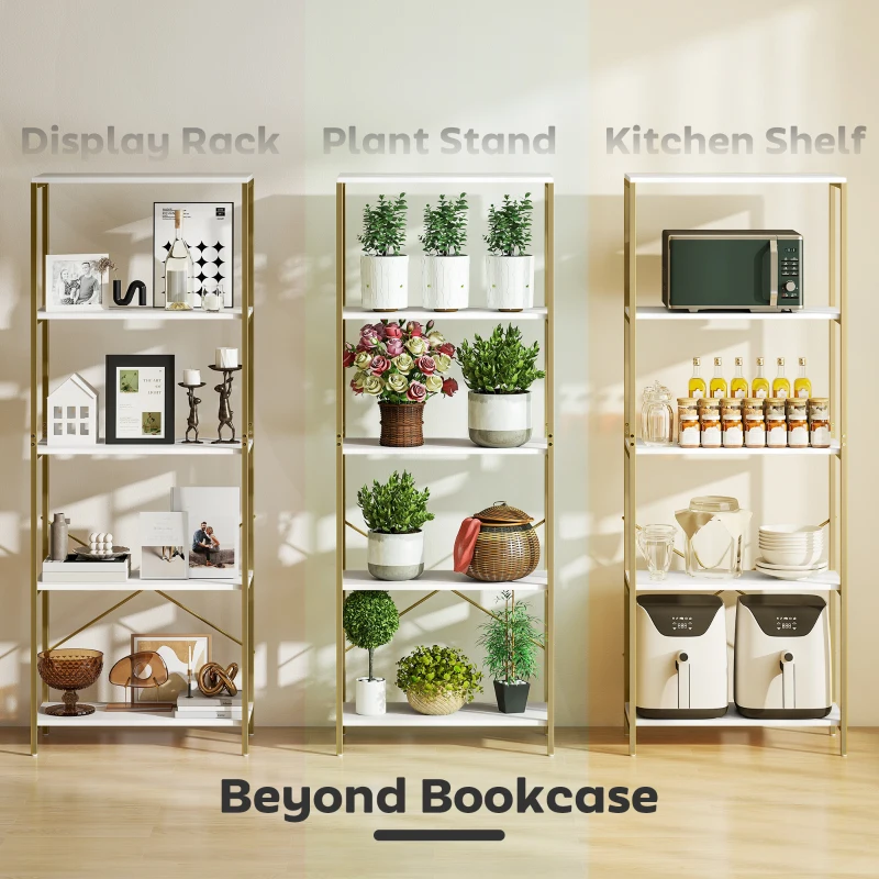 HOMCOM 5-Tier Bookshelf, Modern Bookcase with Metal Frame - White and Gold Tone