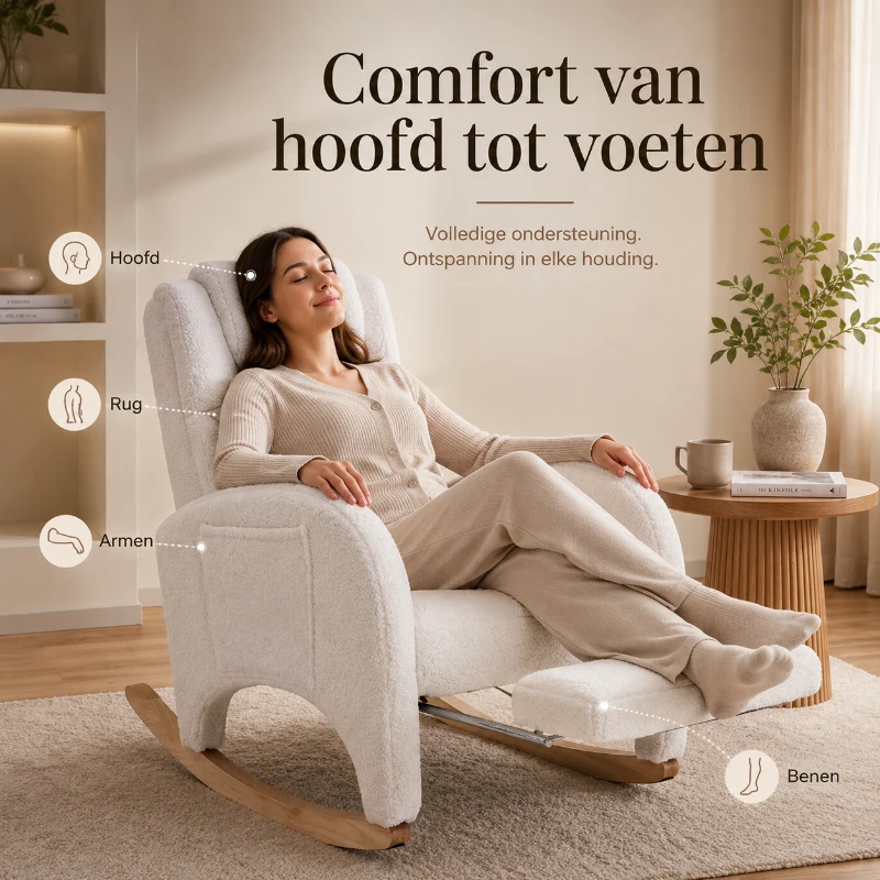 Teddy Schommelstoel met Voetensteun Comfortabele Voedings en Relaxfauteuil met Hoge Rugleuning Wit