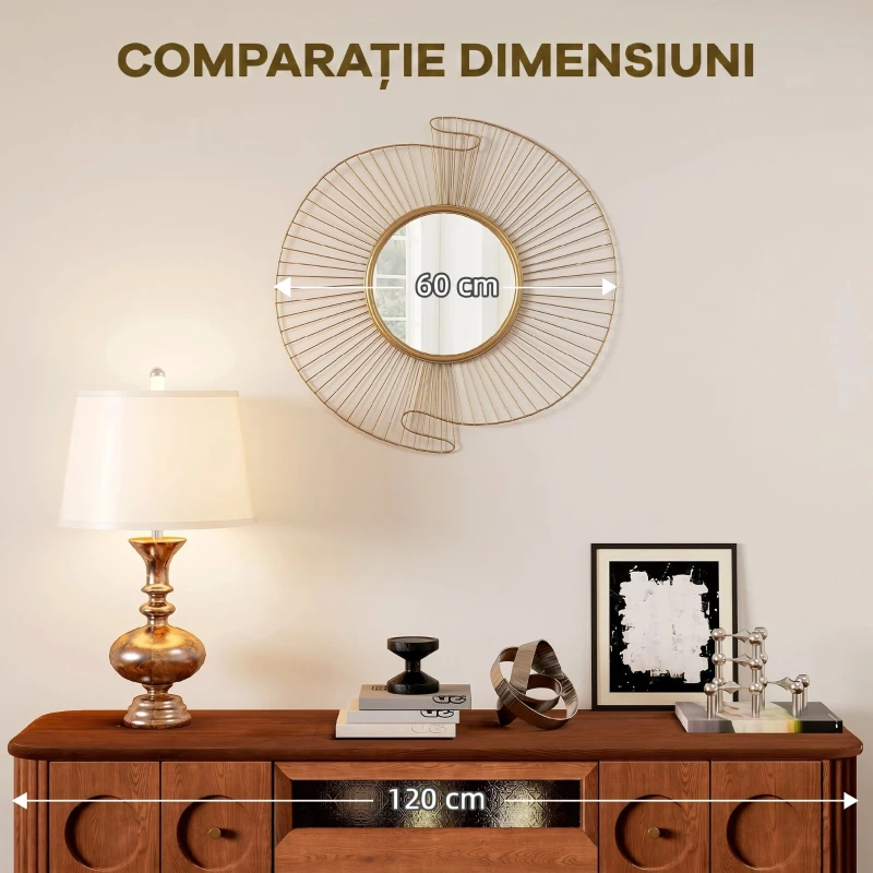HOMCOM Decorațiune de Perete Oglindă Rotundă, Oglindă Modernă cu Benzi din Metal și Design Plisat, Artă Decorativă pentru Living, Dormitor și Intrare, 60x60 cm, Auriu