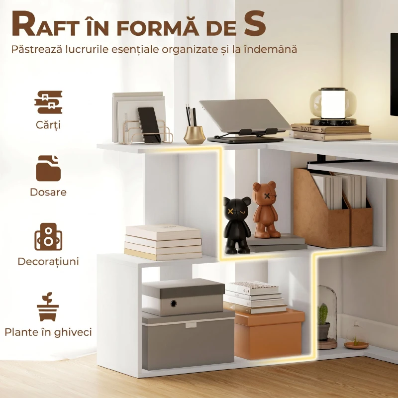 HOMCOM Birou de Colț Modern cu Raft Glisant pentru Tastatură și Rafturi pe 4 Niveluri, Alb