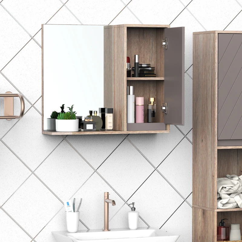HOMCOM Miroir de Salle de Bain avec étagère et Placard - système Fixation intégré - Panneaux Particules chêne Clair Gris