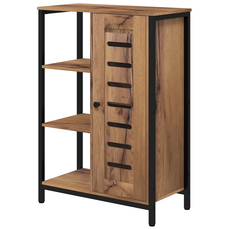 kleankin Móvel Auxiliar Casa de Banho com Porta de Ripas 3 Compartimentos Abertos Prateleira Ajustável 60x30x85 cm Castanho Rústico