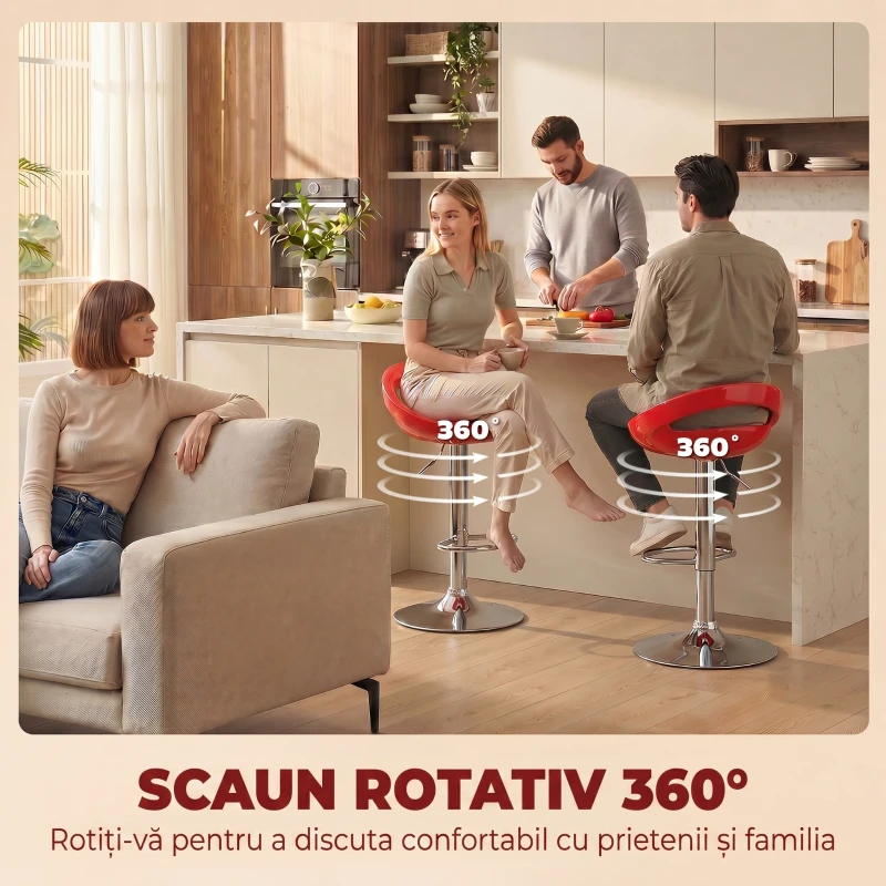 HOMCOM Set 2 Scaune de Bar Rotative cu Suport pentru Picioare, Înălțime Reglabilă, Bază din Oțel, Șezut din ABS, Roșu