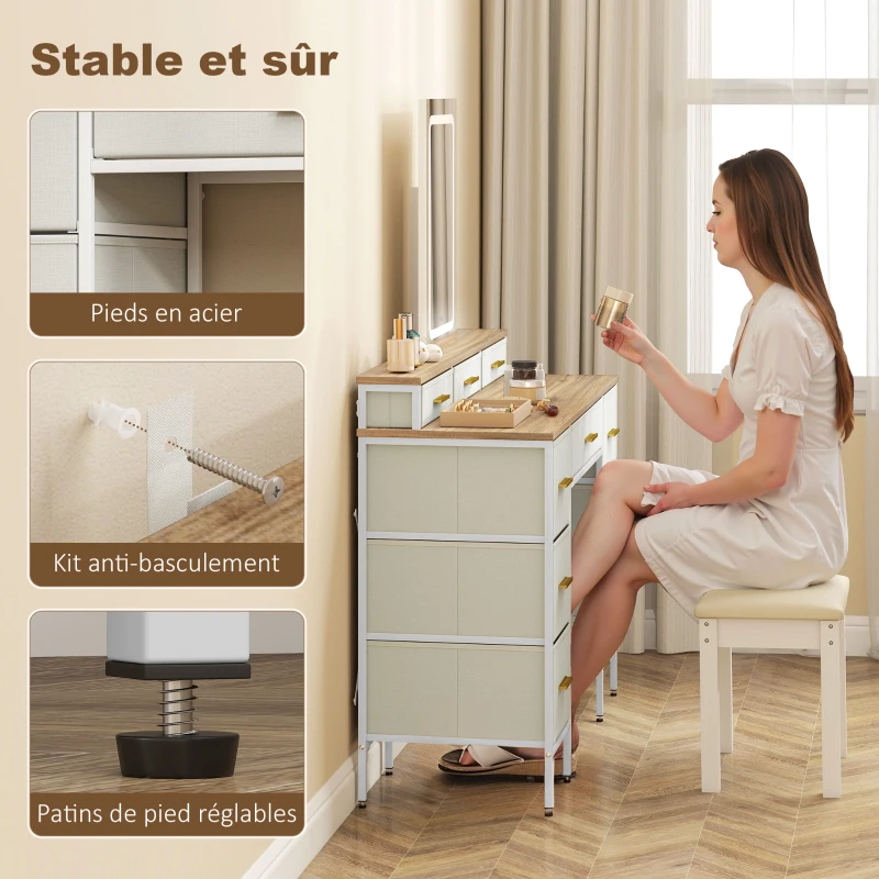 HOMCOM Coiffeuse avec miroir et lumières LED 3 couleurs, table de maquillage 10 tiroirs en tissu, 118,5 x 39,5 x 140 cm naturel