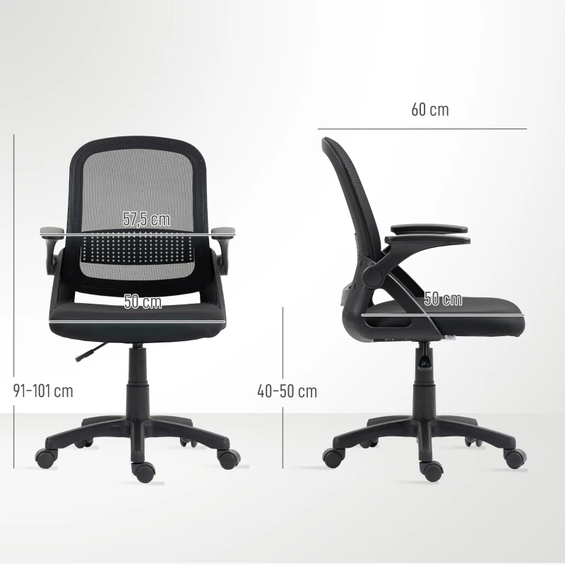 HOMCOM Atmungsaktiver Mesh-Bürostuhl, Ergonomischer Drehstuhl mit klappbaren Armlehnen und Lendenwirbelstütze, Schwarz