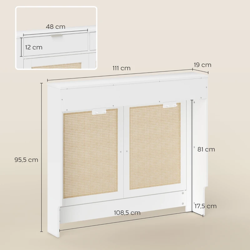 HOMCOM Cobertura para Radiador com Portas Rebatíveis e Vime Proteção Radiador de MDF 111x19x95,5 cm com Compartimento Desenho Boémio Branco