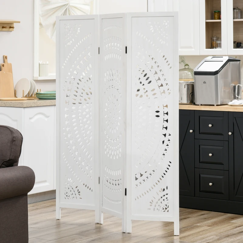 HOMCOM Paravan Separator de Interior Pliabil cu 3 Panouri din Lemn Sculptat, 120x170cm, Alb