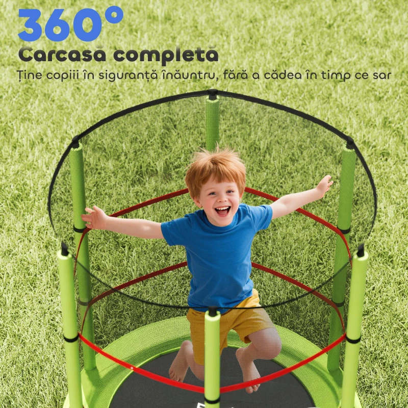 HOMCOM Trambulină pentru Copii 3-6 Ani cu Plasă de Protecție, 6 Coloane și 3 Intrări, Ø140x190 cm, Verde și Negru