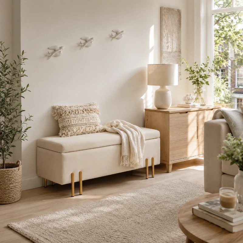 HOMCOM Gestoffeerde bank met Opbergruimte, Kistbank, Schuim, Metaal, Rubberhout, 100 x 40 x 42 cm, Beige(m-9)