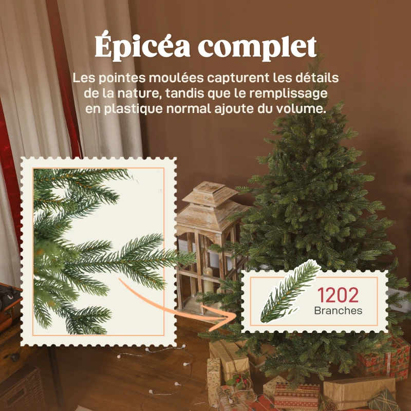 HOMCOM Sapin de Noël artificiel 150 cm, arbre de Noël réaliste avec 1202 pointes de branche articulée, support en métal, vert