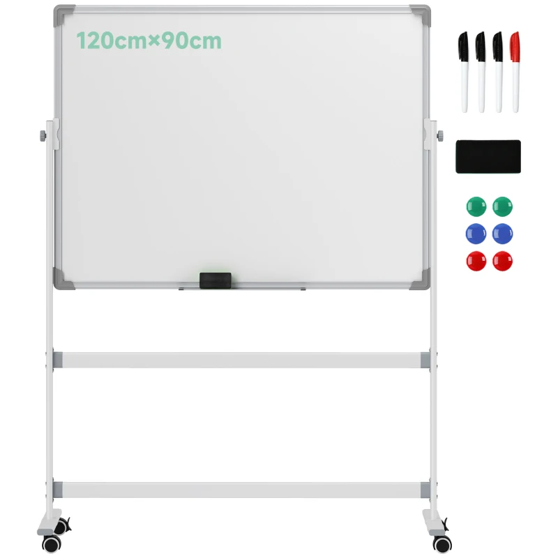 HOMCOM Tablă Albă Magnetică cu 2 Fețe, cu Accesorii și 4 Roți, din Aluminiu și Oțel, 127x50x165 cm