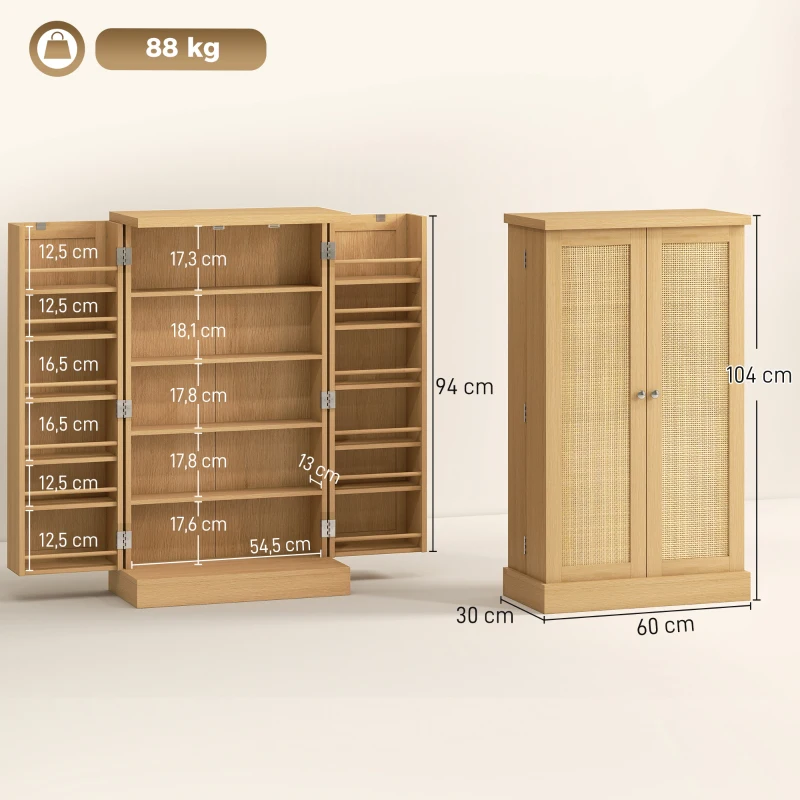 HOMCOM 104 cm Rattan-Küchenschrank mit 5-stufigem Regal, 12 Gewürzfächern und verstellbaren Böden, Natur