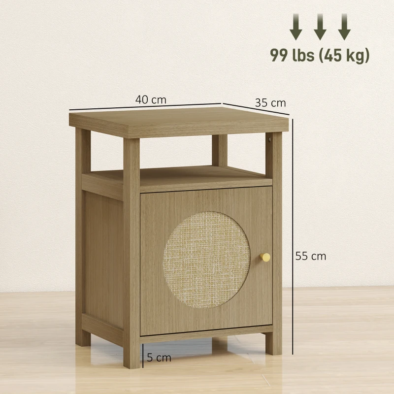 HOMCOM Mesita de Noche con Puerta de Ratán Mesilla de Noche con Estante Abierto y Compartimento 40x35x55 cm Madera Natural
