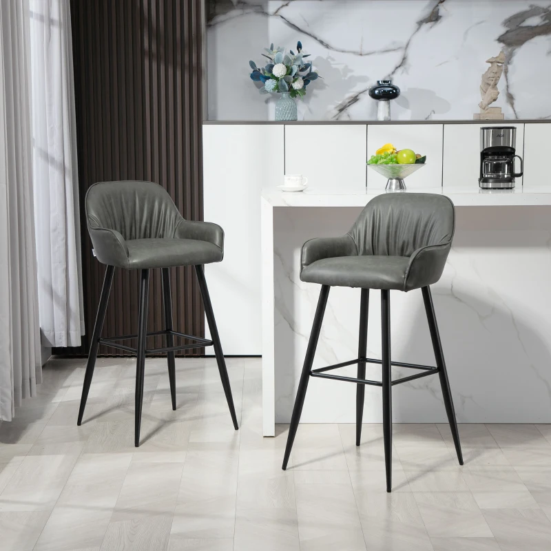 HOMCOM Set 2 Scaune de Bar Moderne cu Suport pentru Picioare și Spătar, Piele Ecologică PU și Oțel, Gri