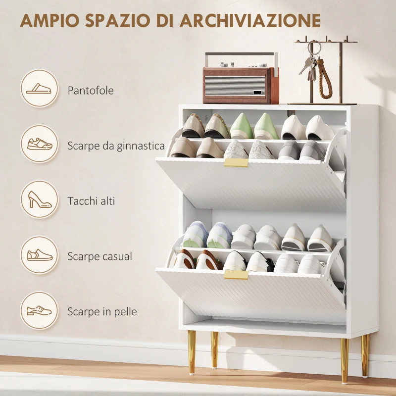 HOMCOM Scarpiera Slim per 12 Paia di Scarpe con 2 Cassetti a Ribalta e Ripiani Regolabili, 60x24x91.5 cm, Bianco