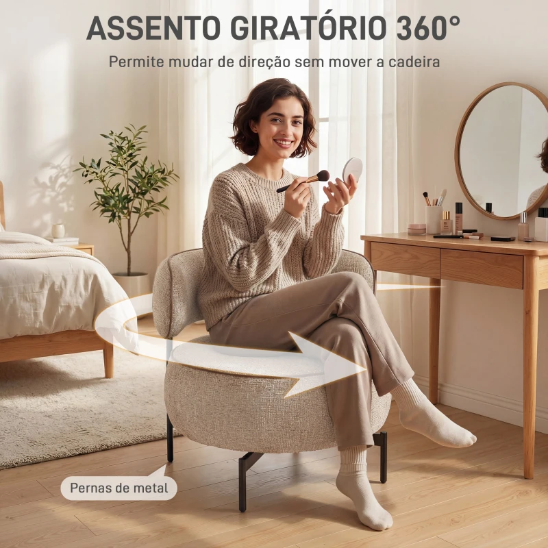 HOMCOM Poltrona de Sala com Assento Rotativo Revestida em Tecido Linho Assento Amplo Acolchoado Espesso Pés de Metal Bege