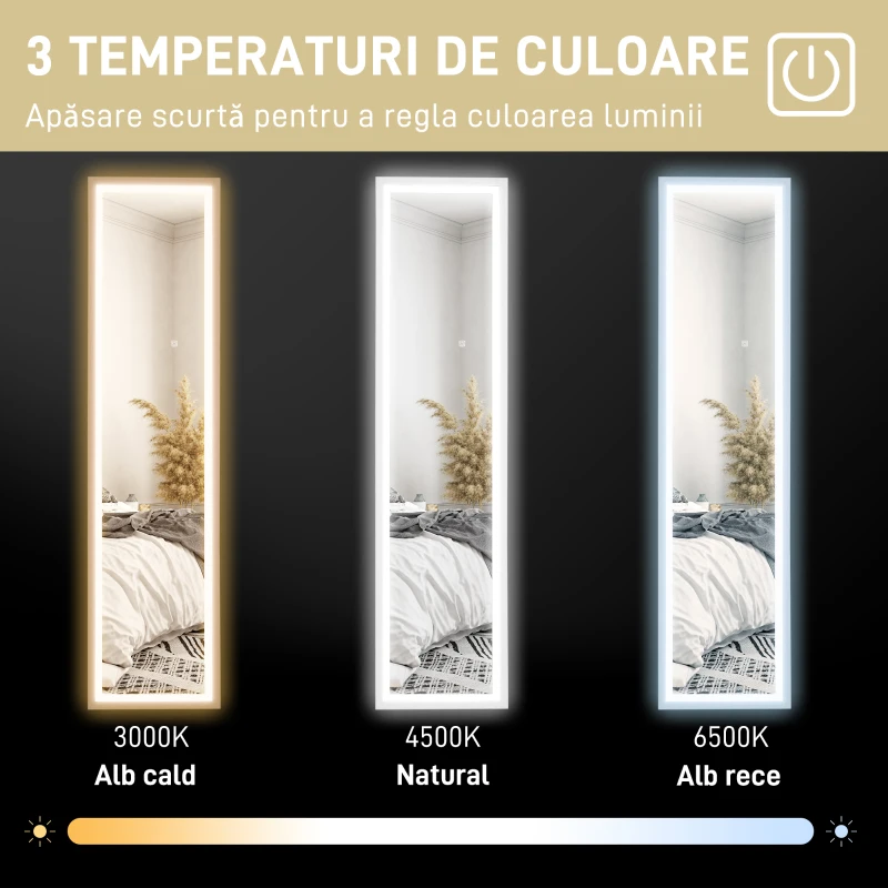 HOMCOM Oglindă iluminată cu lumini LED reglabile și buton tactil, din sticlă și MDF, 40x5x160 cm, albă