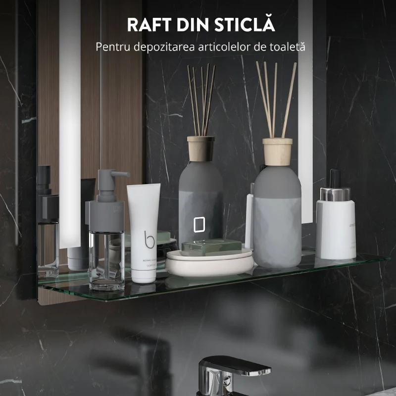 kleankin Oglindă de baie cu lumină LED reglabilă în 3 culori și raft din sticlă, 50x12x70 cm, argintiu