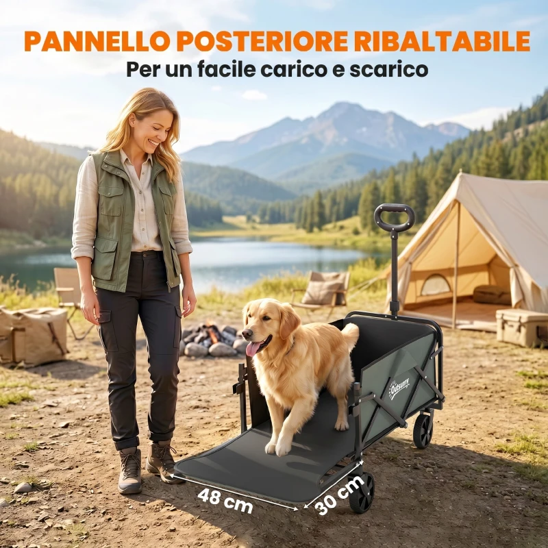 Outsunny Carrello da Giardino da 72L Pieghevole con Pannello Apribile, in Acciaio e Poliestere, 76x48x65-92 cm, Verde