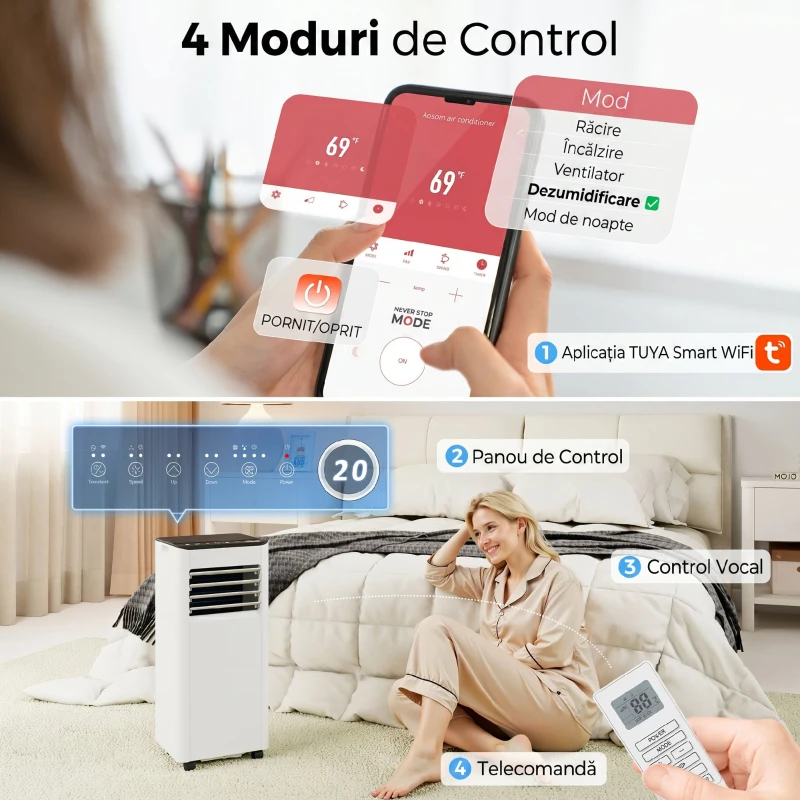 HOMCOM Aer Condiționat Portabil 4 În 1 cu Wifi, 7000 Btu, Alb