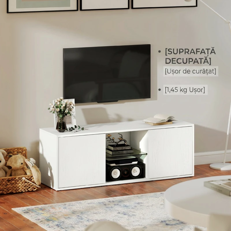 HOMCOM Mobilier TV pentru televizoare de până la 55", Suspendat sau pe Podea, Uși Soft Close, Gaura pentru Cabluri și Raft din Sticlă, Alb
