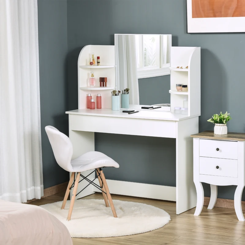 HOMCOM Postazione da Trucco, Tavolo per Toeletta in Legno Bianco, con Specchiera e Cassetto (108cm x 40cm x 142cm)