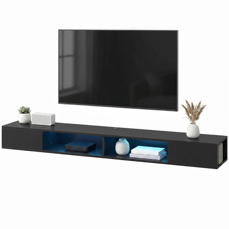 HOMCOM Wall Mounted TV Stand with RGB LED Lights, Floating Entertainment Centre for 75 Inch TV, Black