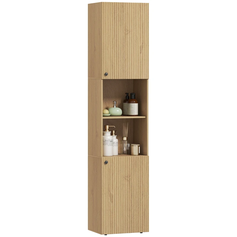 HOMCOM Hoher Badezimmerschrank, 6 Ebenen, 2 Schränke, 2 offene Regale, offene Fächer, Holz, Eichenfarben
