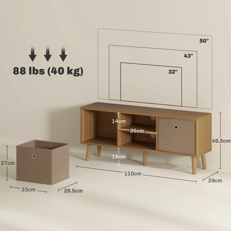 HOMCOM Mueble de TV para Televisores de hasta 50 Pulgadas con 2 Cajones de Tela y Estantes Abiertos Madera y Marrón