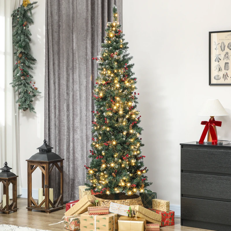 HOMCOM Árbol de Navidad Estrecho 210 cm con Luces LED 8 Modos de Iluminación Ramas con Purpurina Plateada Piñas Bayas Verde