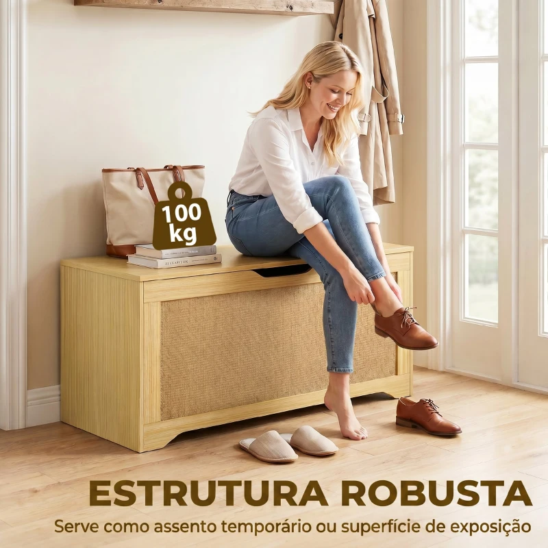 HOMCOM Baú de Arrumação 136L com Painel de Ratã e Tampa com Braços de Apoio, 100x40x45 cm, Carvalho