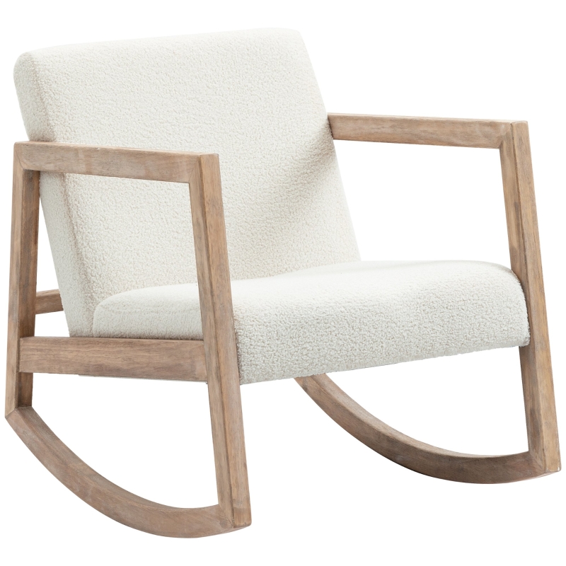 HOMCOM Sedia a Dondolo con Cuscini per Seduta e Schienale, in Legno, Pile e Schiuma, 60x76x71 cm, Crema
