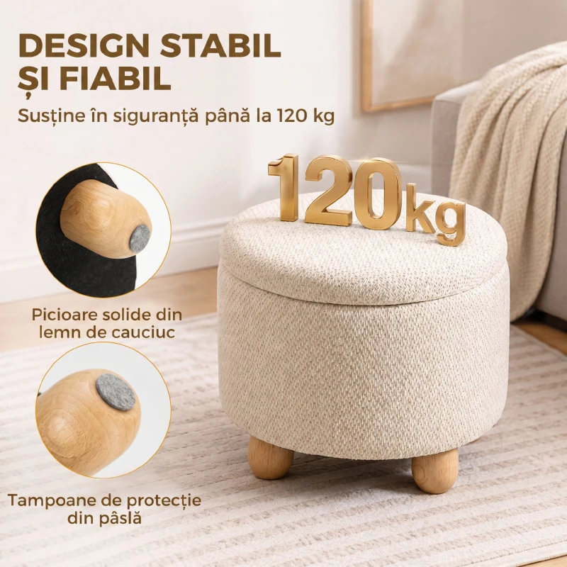 HOMCOM Otoman Rotund de Depozitare din Material Textil de Iută, 19 L, cu Capac, Bej