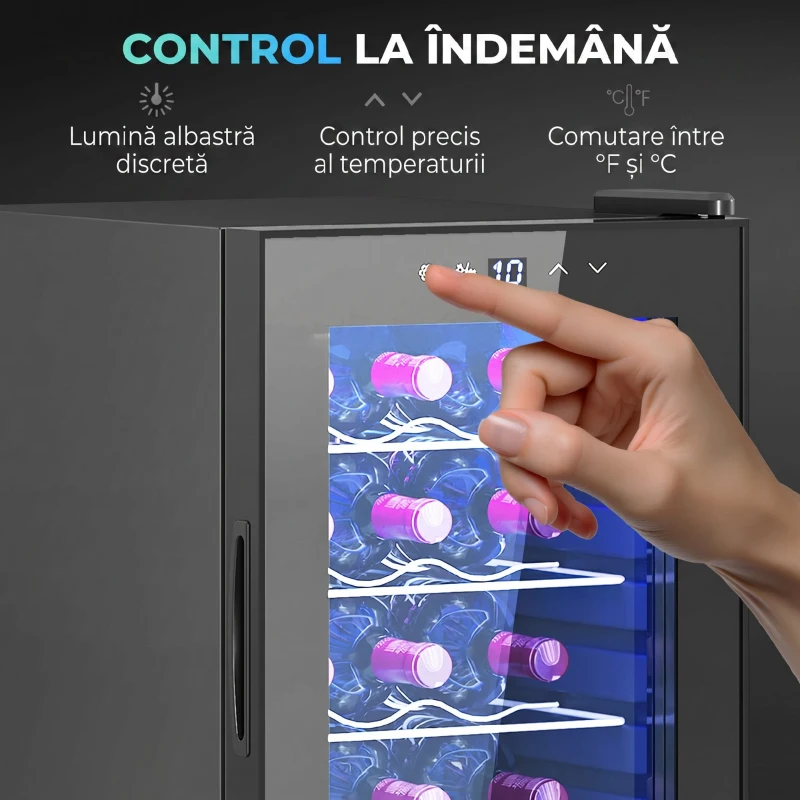 HOMCOM Frigider pentru Vin 15 Sticle, Capacitate 44L, cu Control Temperatură și Rafturi Reglabile, Negru