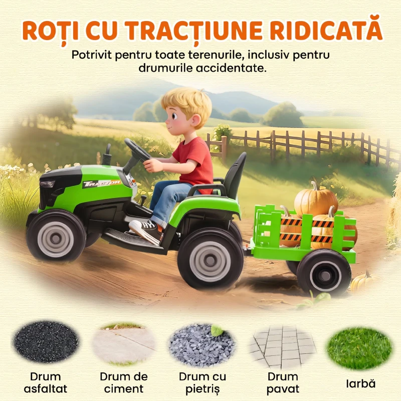 AIYAPLAY Tractor electric pentru copii cu remorcă detașabilă și telecomandă, din plastic și metal, 139x58x55 cm, verde