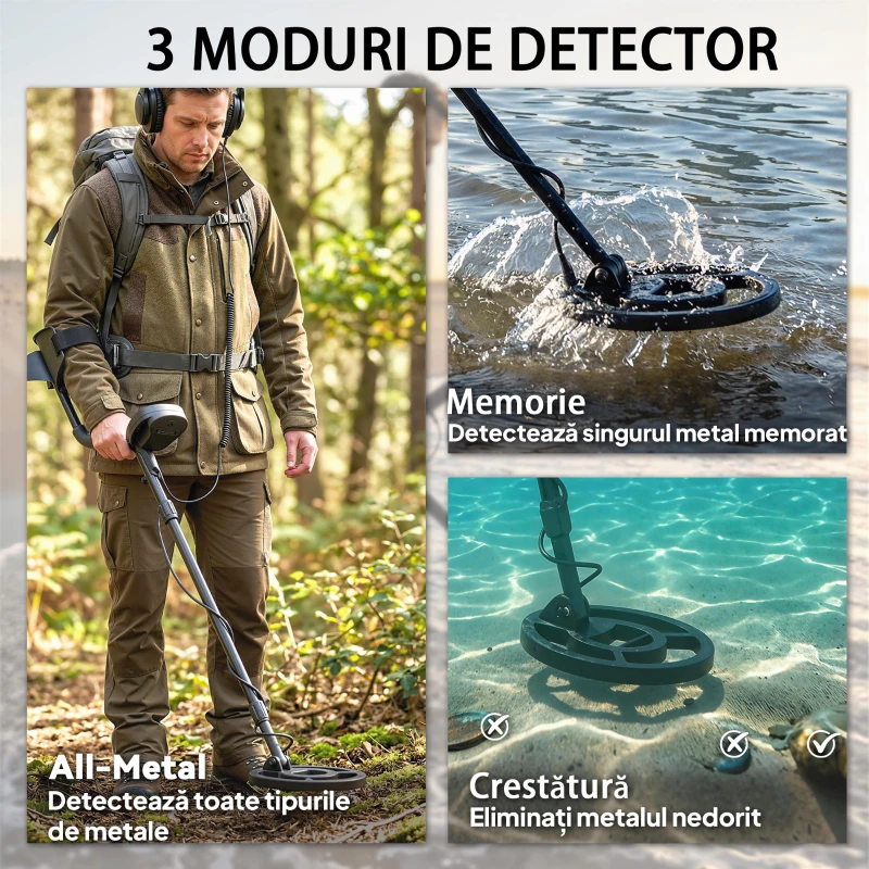 Outsunny Detector de Metale pentru Adulți cu Baterie, Detector Profesionist cu 3 Moduri pentru Aur, Lopată și Căști pentru Căutare de Comori pe Plajă, Impermeabil IP68, Display LCD