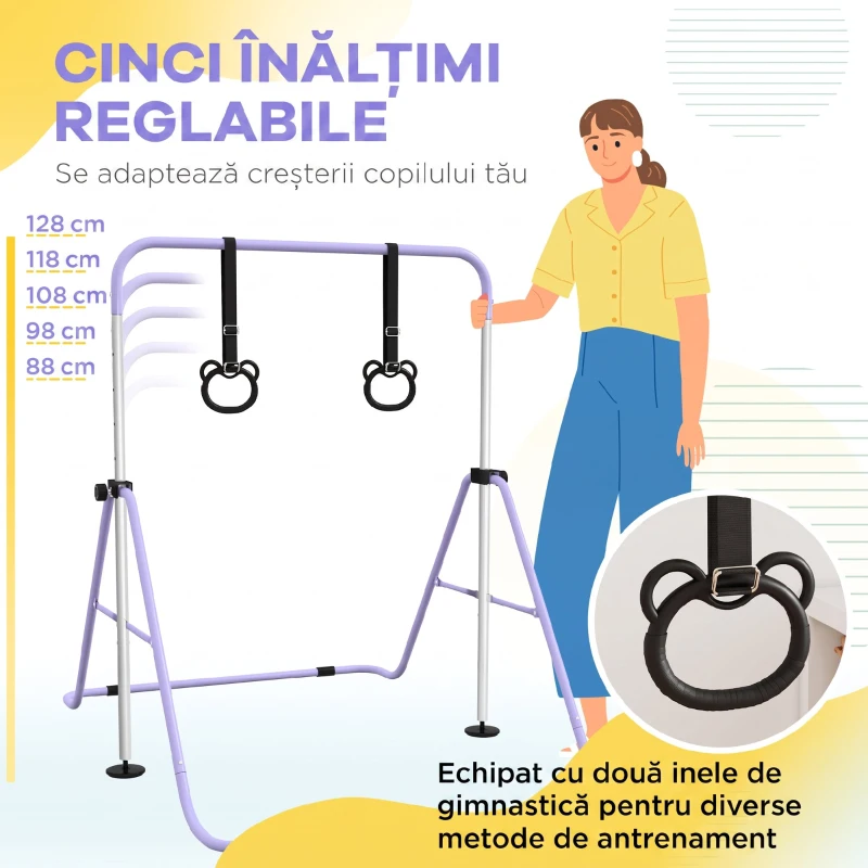 HOMCOM Bară Gimnastică Artistică pentru Copii Reglabilă cu 2 Inele, din Oțel, 148 x 105 x 128 cm, Mov